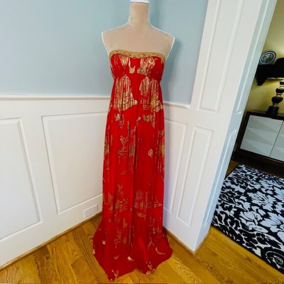 Aidan Mattox Beaded Silk Strapless Ball Gown Red & Gold Prom Party 4 - Picture 2 of 10